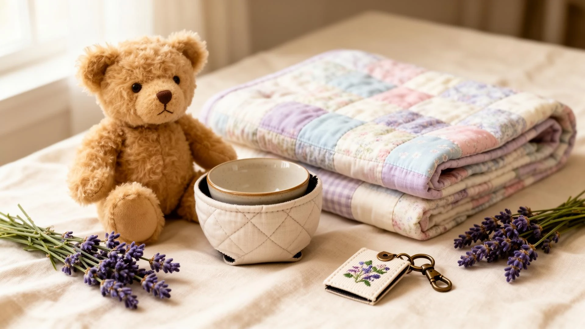Handmade memory bear, patchwork baby quilt, quilted bowl koozie, and embroidered key fob with lavender on cream linen